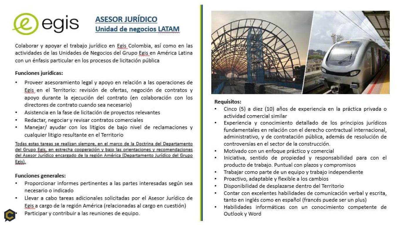 El Grupo Egis busca ASESOR JURÍDICO para la filial en Colombia.