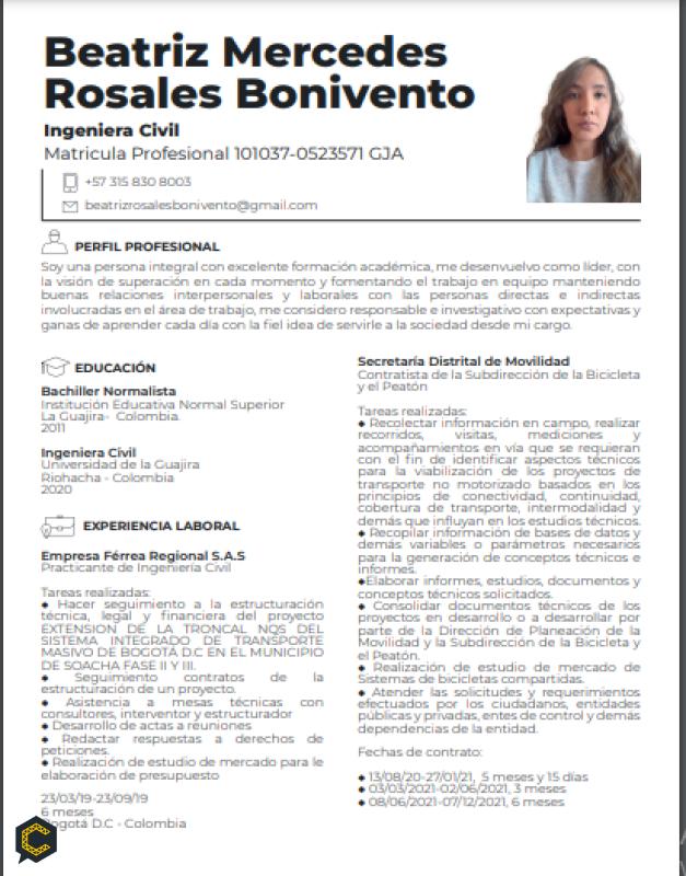 Buenas!  Soy Beatriz Rosales, ingeniera civil con mas de 1 año de experiencia.