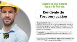 Empresa requiere Residente de Posconstrucción: Constructor, Arquitecto o Ingeniero Civil.